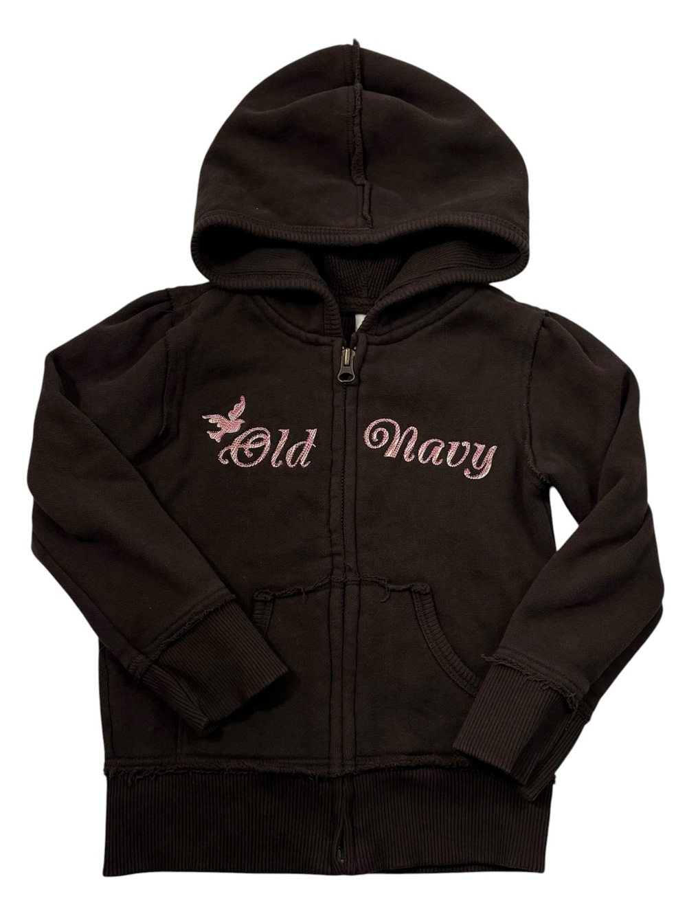 Vintage Y2K Girls Old Navy Brown Fill Zip Embroidered Pink Logo Hoodie Jacket 4T
